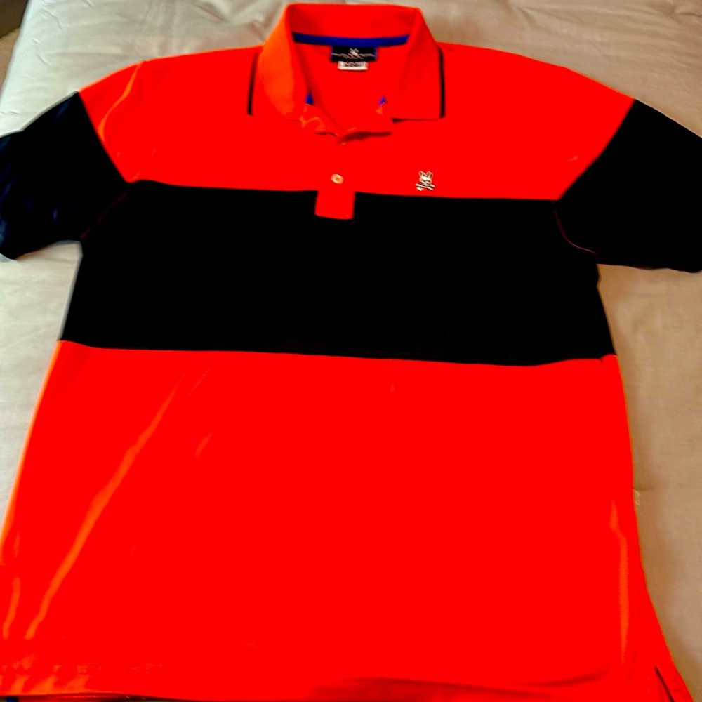 Psycho Bunny Orange & Dark Blue striped polo, size 7/ Large